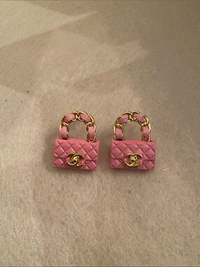 Fashion Jewelry CC  Pink Quilted Mini Bag Earrings with Gold Chain Handles